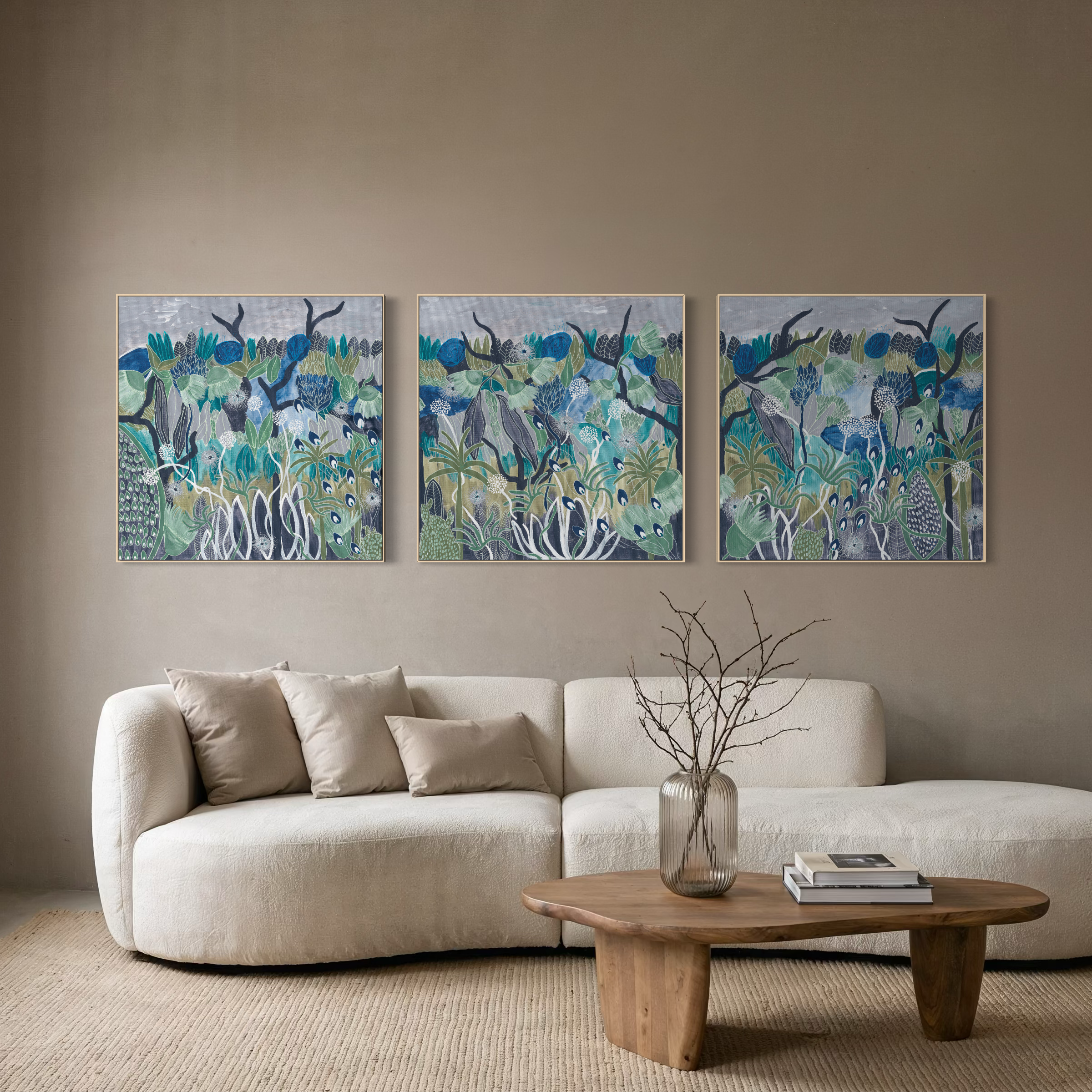 Midnight Meanderings set of 3 — moody blue and green Australian native botanical art by Anna Lohe, displayed together as a matching trio
1