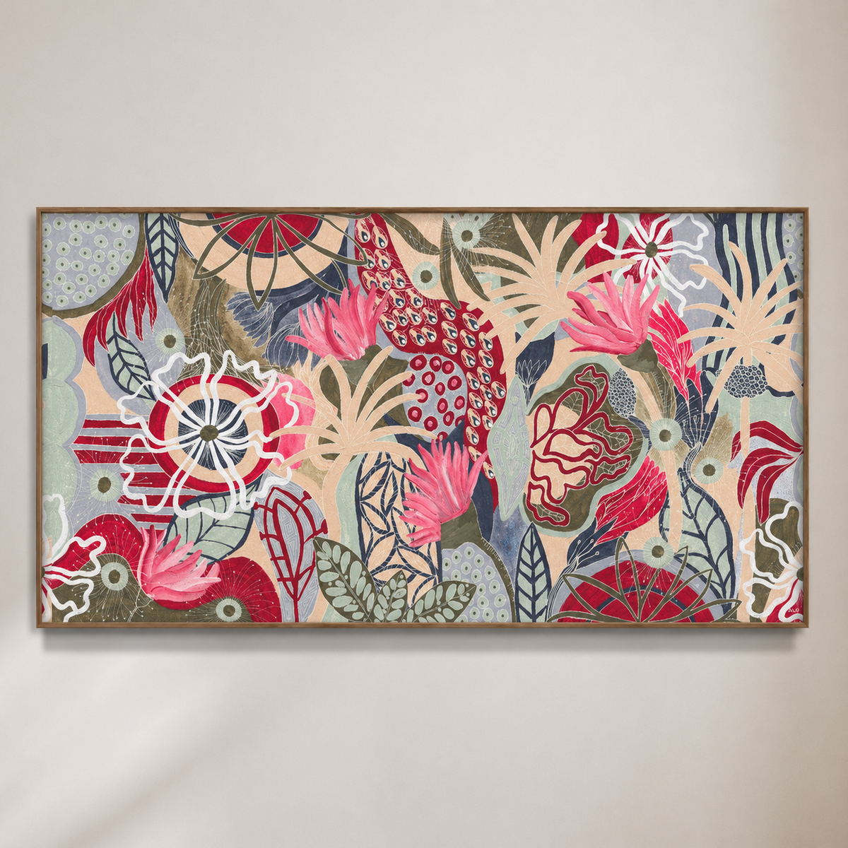 A framed abstract floral artwork hanging on a light beige wall. The painting features a dense, patterned composition with pink, red, cream, blue, green, and gray organic shapes and leaf-like forms, enclosed in a thin dark frame.