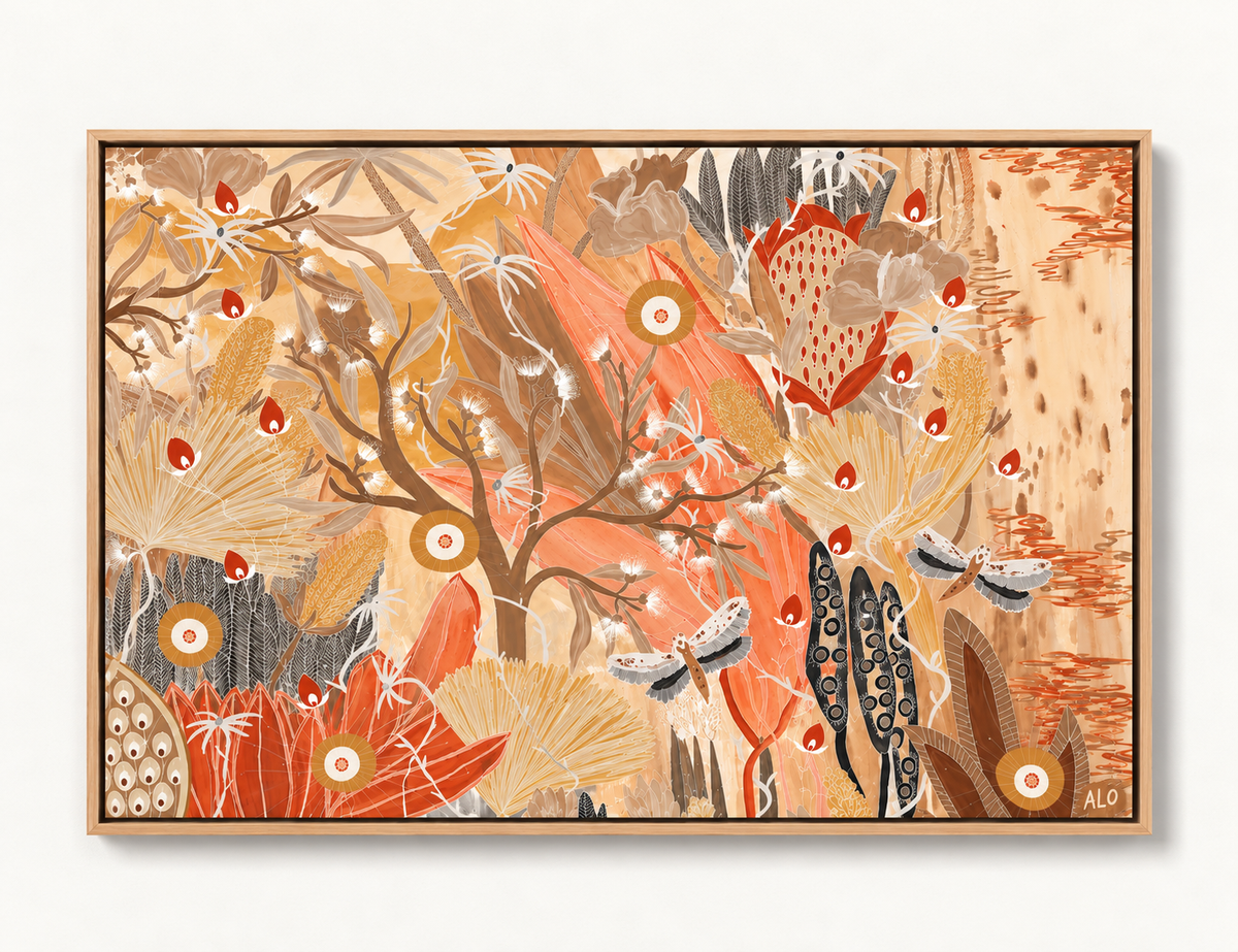 Scribbly Gum Landscape by Anna Lohe – framed horizontal artwork of a scribbly gum eucalypt above wildflowers and seedpods, front view