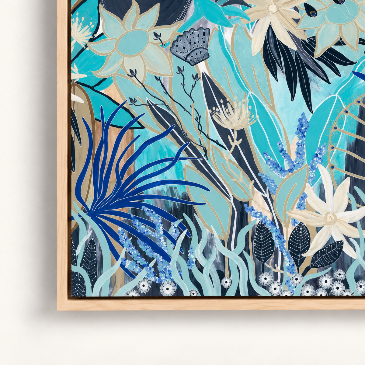 South Coast by Anna Lohe – horizontal blue botanical art print mixing Australian natives with shells, seagrass and coral