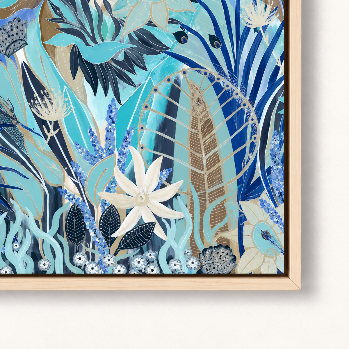 South Coast by Anna Lohe – horizontal blue botanical art print mixing Australian natives with shells, seagrass and coral
