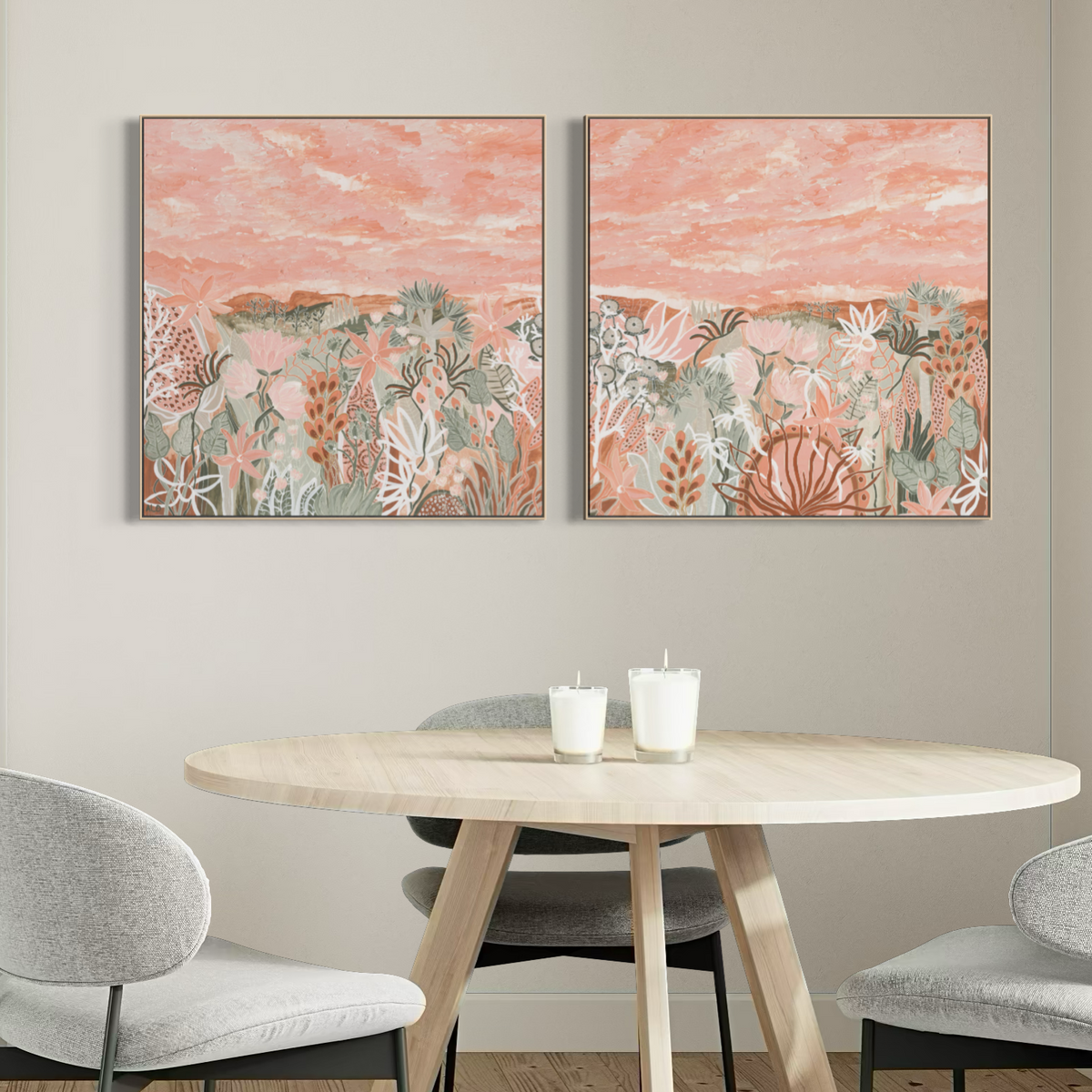 Valley of the Fairy Floss Flowers 1 and 2 by Anna Lohe – pair of framed square artworks hung side by side above a round dining table