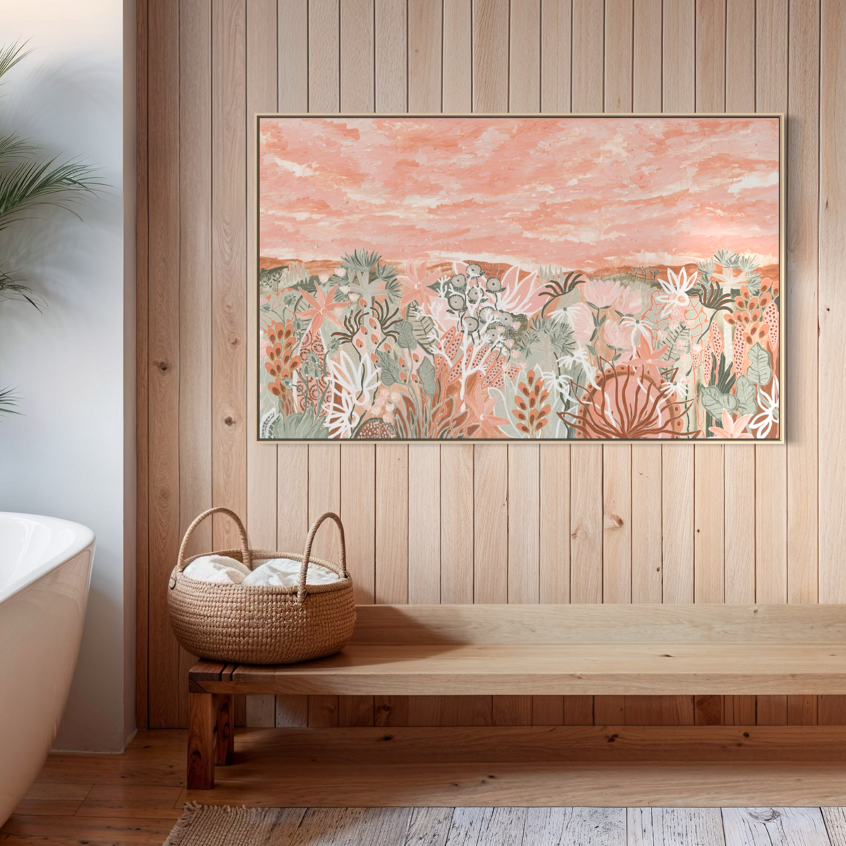 Valley of the Fairy Floss Flowers Rectangle Cropped by Anna Lohe – framed artwork above a timber bench in a bathroom with timber panelling