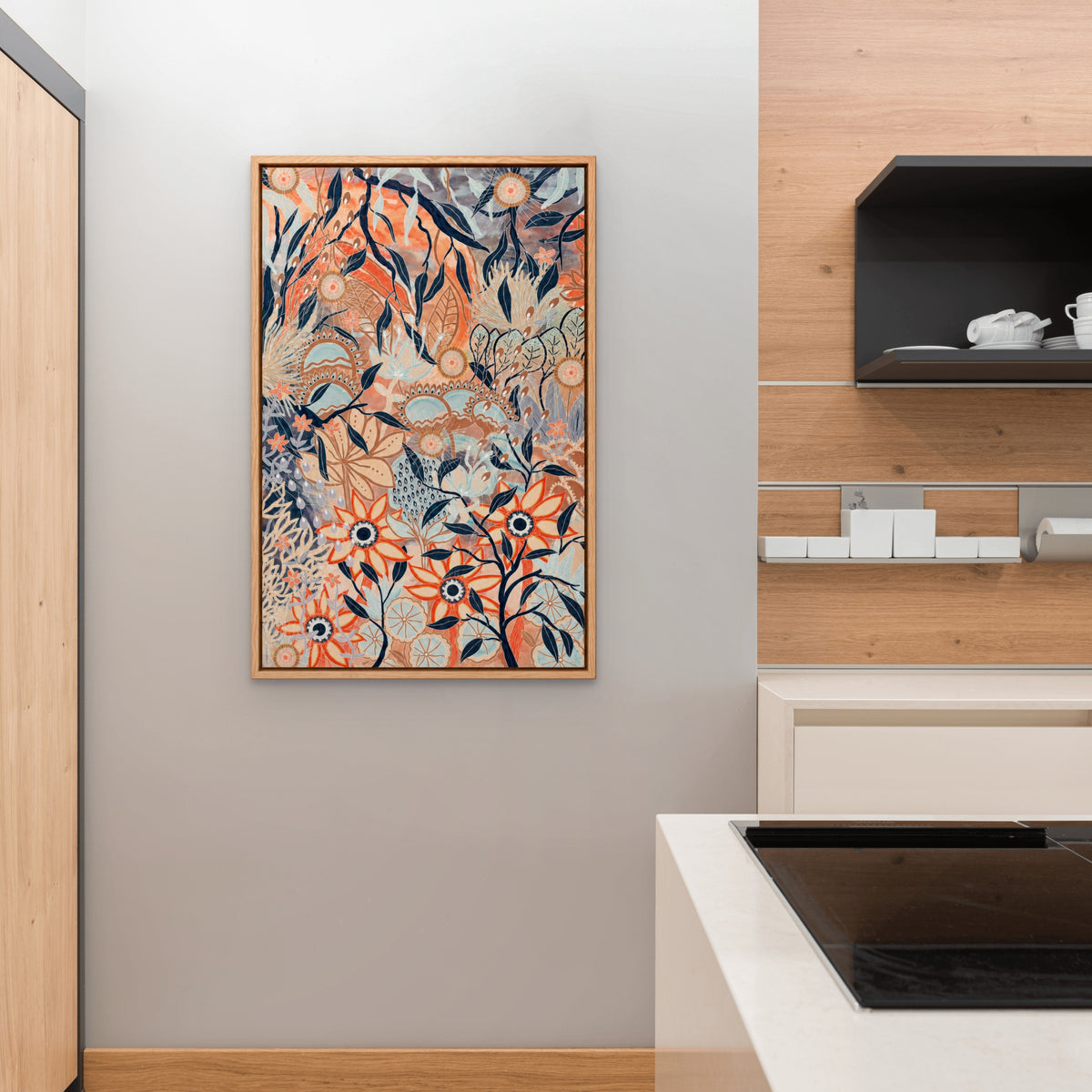 Blue Gum Forest Vertical 1 by Anna Lohe – tall botanical print of the Australian bush in terracotta, navy, soft blue and warm tan