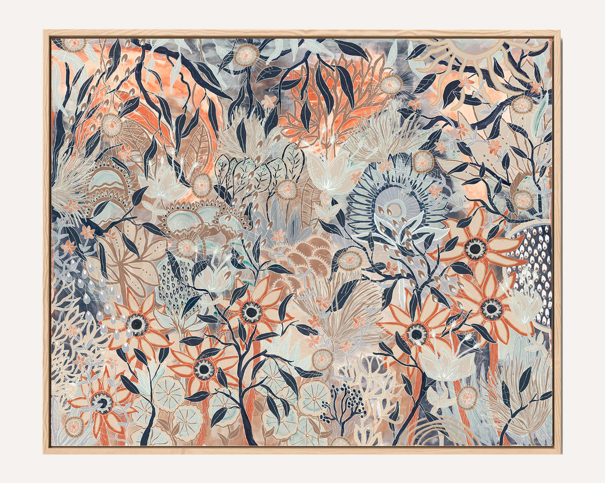 A framed square artwork featuring an intricate botanical and animal pattern in muted orange, beige, gray, and navy tones, displayed against a light off-white background.