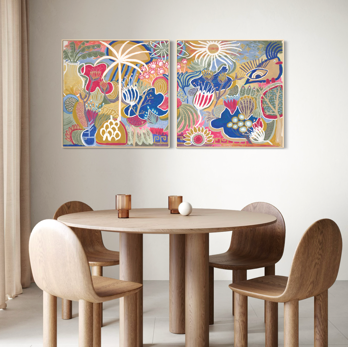 Dining room with a round wooden table and chairs, featuring colorful abstract wall art.