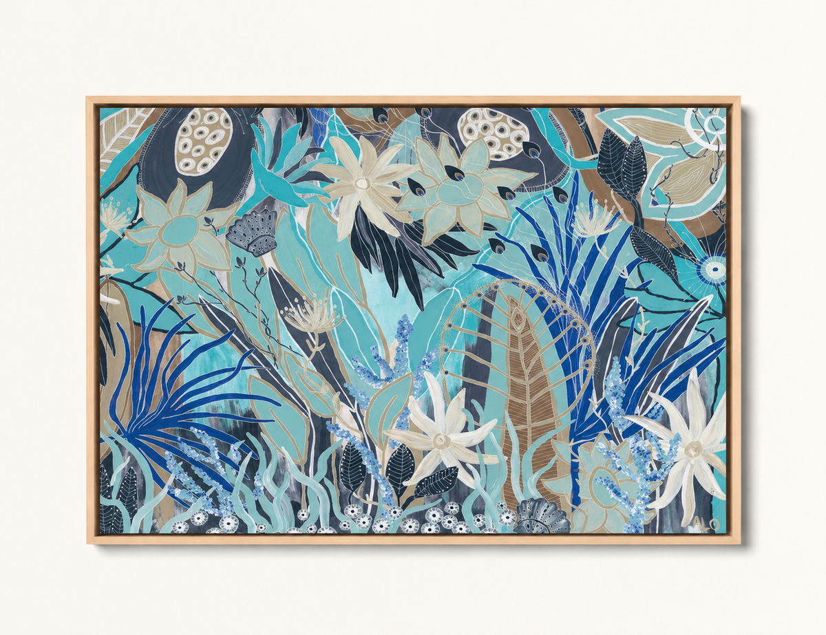 South Coast by Anna Lohe – horizontal blue botanical art print mixing Australian natives with shells, seagrass and coral