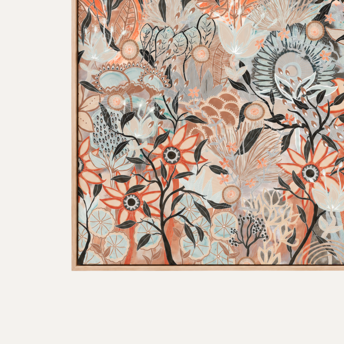Blue Gum Forest Square by Anna Lohe – square Australian bush print of layered native plants in terracotta, navy, soft blue and tan
