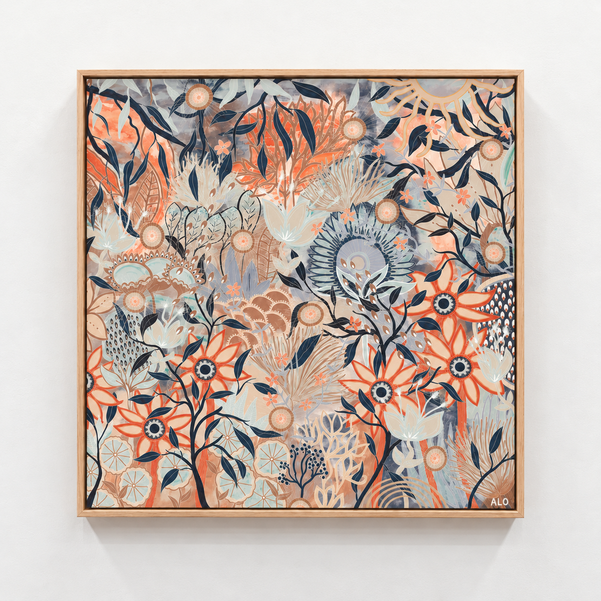 Blue Gum Forest Square by Anna Lohe – square Australian bush print of layered native plants in terracotta, navy, soft blue and tan