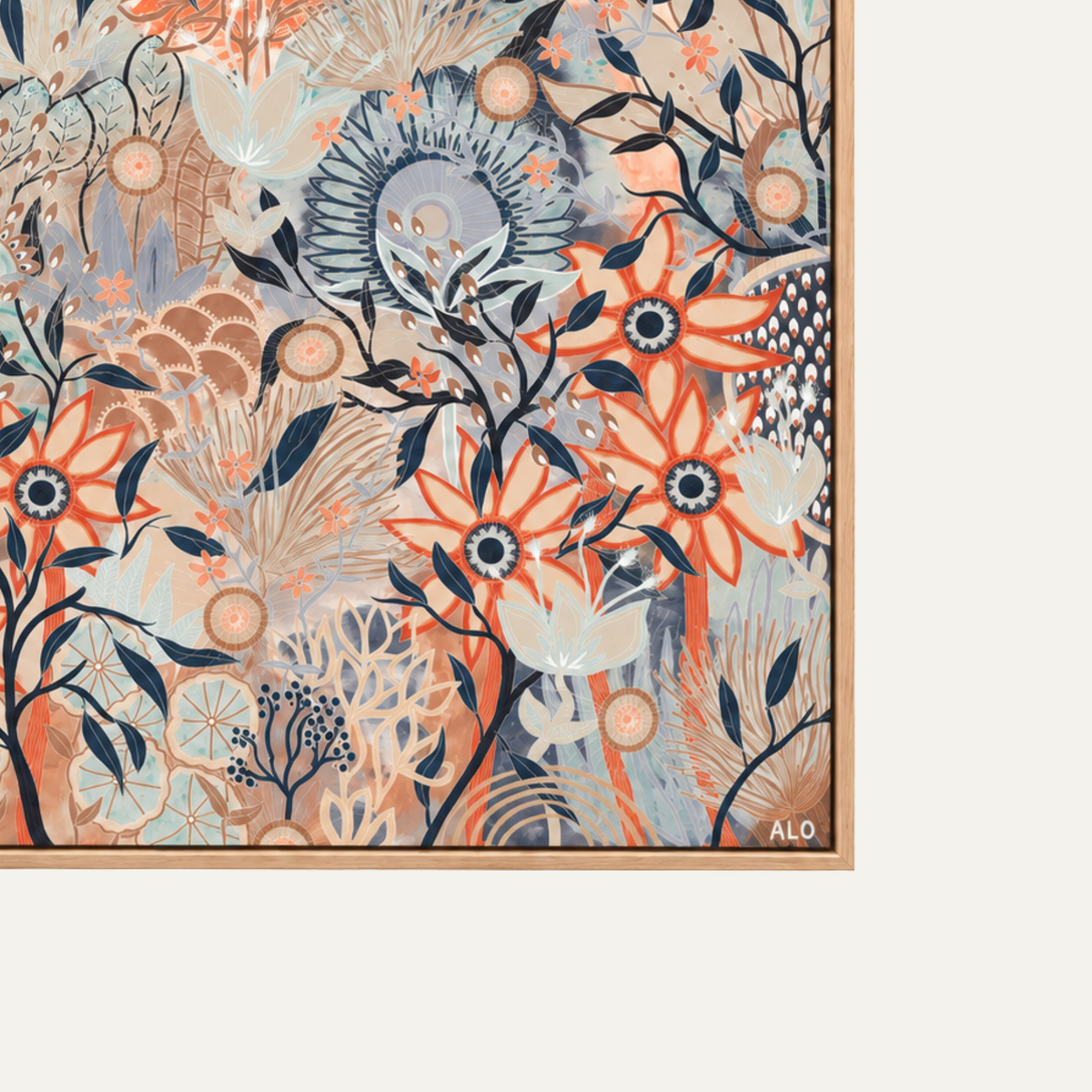 Blue Gum Forest Square by Anna Lohe – square Australian bush print of layered native plants in terracotta, navy, soft blue and tan