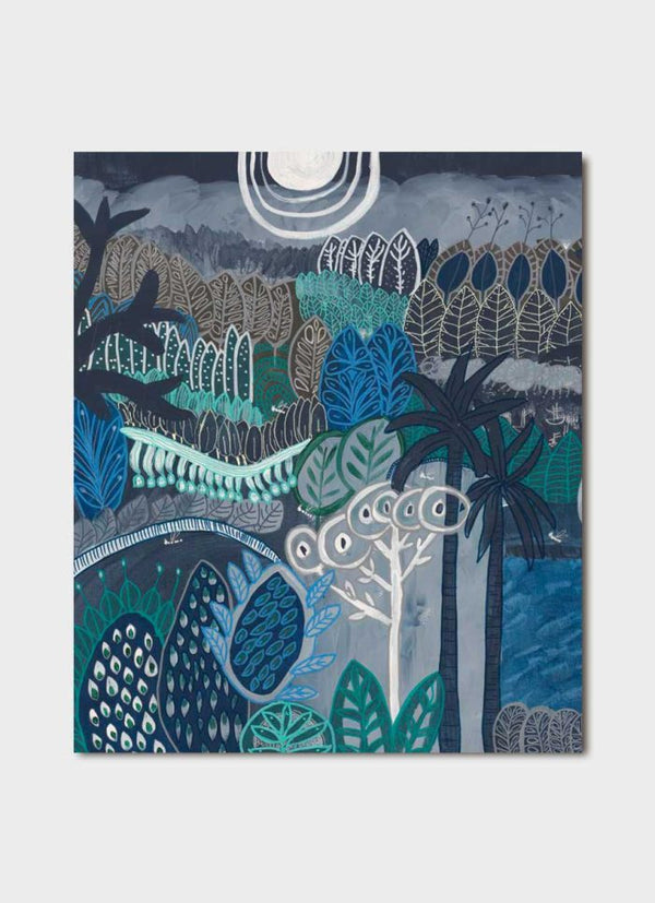 Greeting card featuring artwork by Anna Lohe called Blue Sky at Night. Colour palette is blue and green and features Australian Native imagery