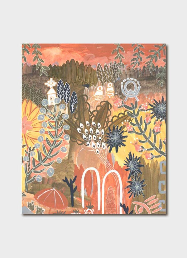 Greeting card featuring artwork by Anna Lohe called Hacienda 1. Colour palette is olive green, terracotta and golden yellow tonesnd features imagery of an abstract mexican landscape
