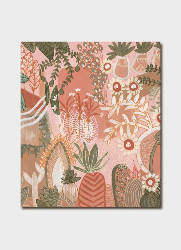 Greeting card featuring artwork by Anna Lohe called Aperol Sunset. Colour palette is peach, terracotta and features botanical imagery