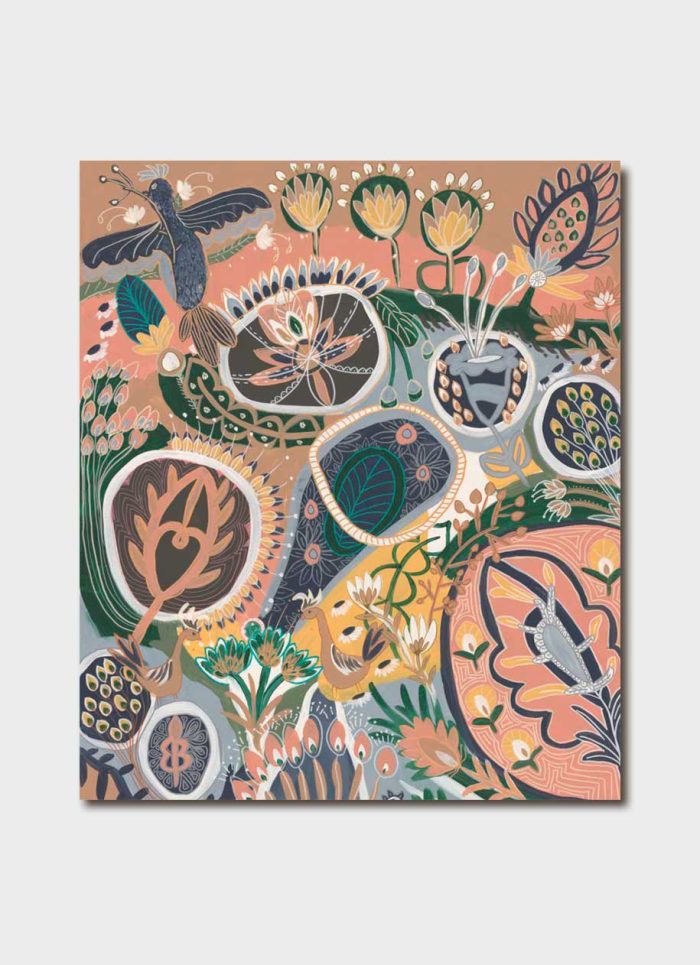 Greeting card featuring artwork by Anna Lohe called Feathers and Flowers. Colour palette is peach, blue and tan and features botanical, bird and spiritual imagery