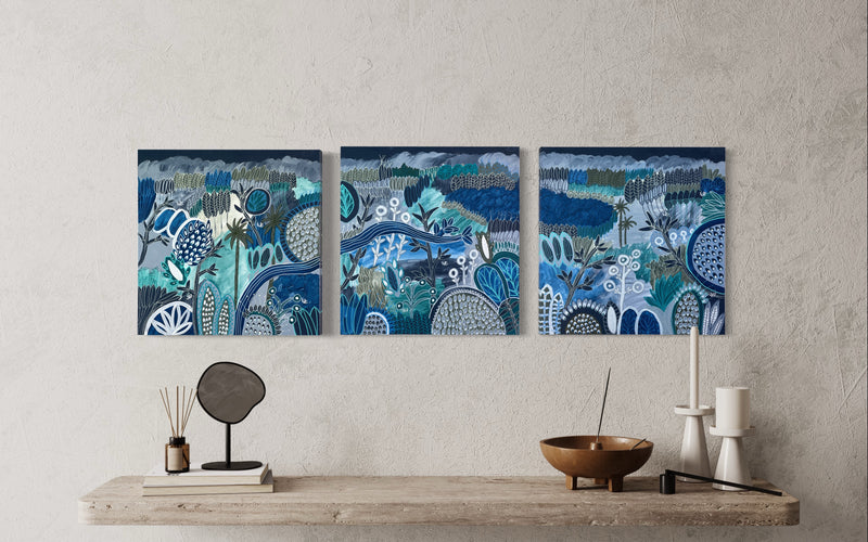 Anna Lohe Artwork - Blue-o-rama hanging above shelf as set of 3 paintings