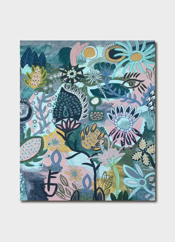 Greeting card featuring artwork by Anna Lohe called Fan-tabulous-ness. Colour palette is blue, pink and green and features Australian Native / spiritual imagery