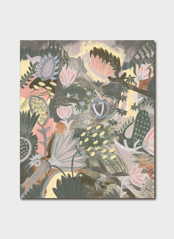 Greeting card featuring artwork by Anna Lohe called Blue Bush Lullaby. Colour palette is dusty pink, light grey, eucalyptus green and features Australian Native imagery