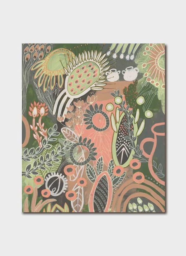 Greeting card featuring artwork by Anna Lohe called Intertwined. Colour palette is pink, tan and sage green and features urns and Australian Native imagery