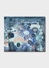 Greeting card featuring artwork by Anna Lohe called Jacaranda Bay. Colour palette is blue and ultra violet and features Australian Native imagery