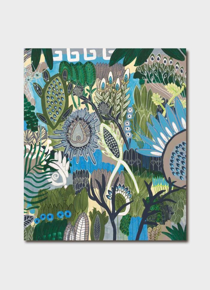 Greeting card featuring artwork by Anna Lohe called Jungle Sister. Colour palette is blue and green and features botanical imagery.