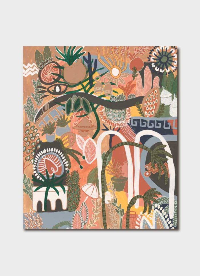 Greeting card featuring artwork by Anna Lohe called Mediterraneo. Colour palette is terracotta and olive green and features botanical and architectural imagery.